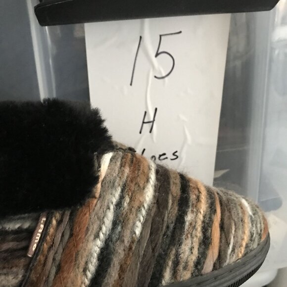 LAMO JUAREZ Sheepskin & Textile Fold Over Bootie Slippers Womens 7 Black/Brown - Picture 11 of 11